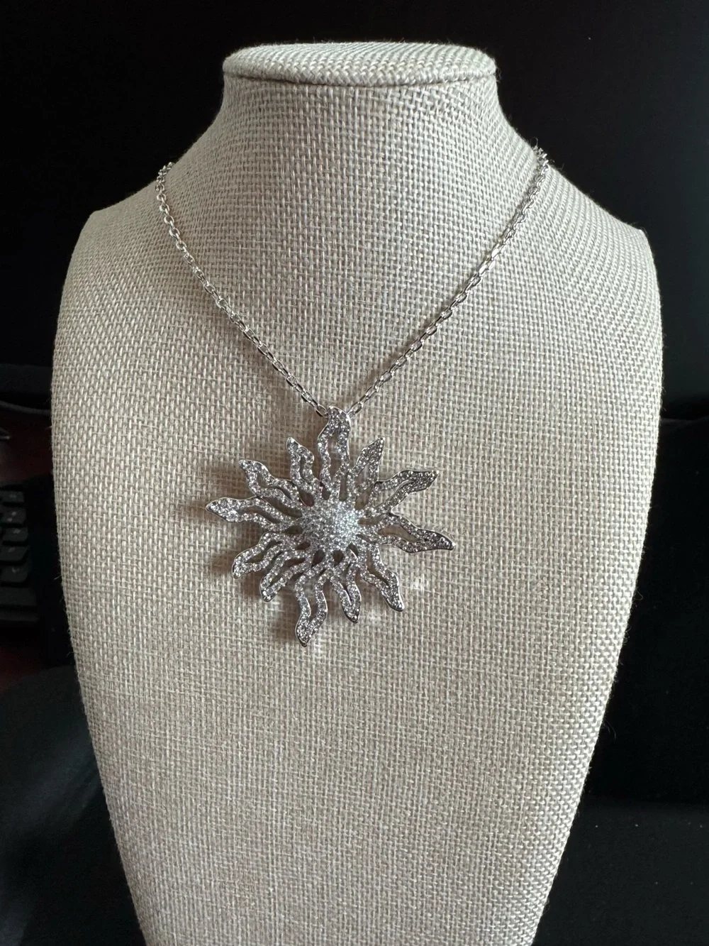Sunburst Silver-tone Sparkling Pendant Necklace -  24” Adjustable Chain